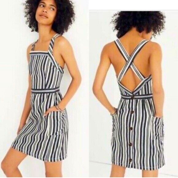Madewell Dresses & Skirts - Madewell Striped Linen/ Cotton Blend Evelyn Apron Navy White Mini Dress